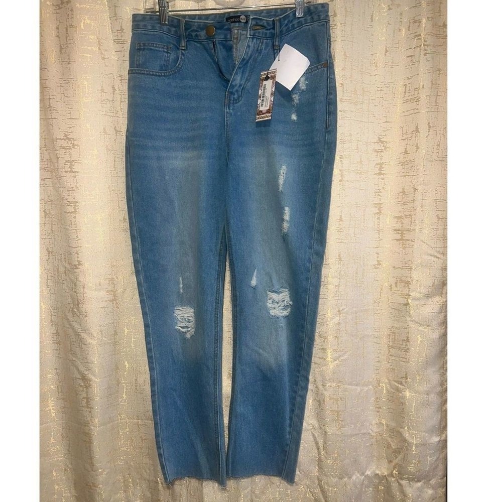 NWT Boohoo High Waist Mom Jeans Women 12 Blue Distressed Raw Hem Casual Weekend